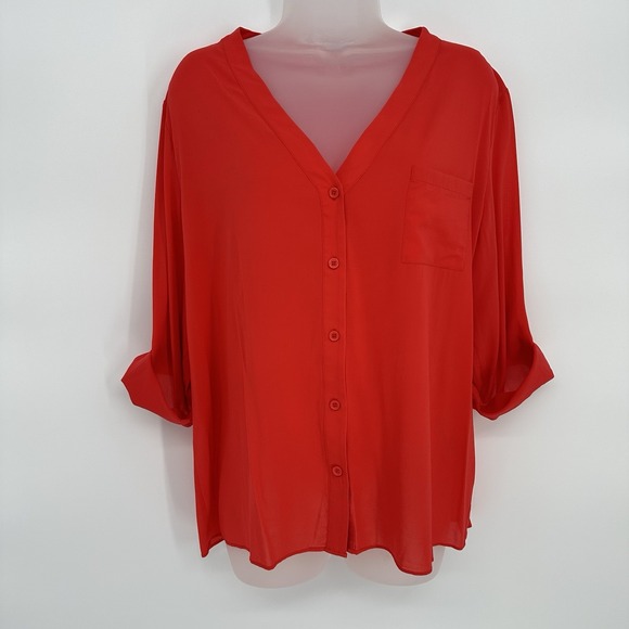 Alice + Olivia Sz L Red Silk Roll Tab Sleeve V Neck Classic Blouse Career Office - Picture 7 of 12
